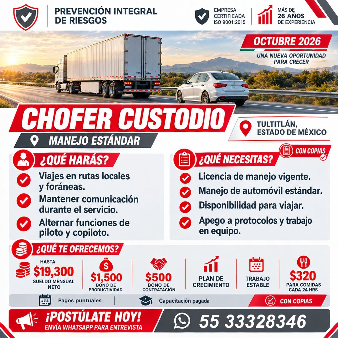 Banner del anuncio de la vacante: PREVENCIÓN INTEGRAL · DE RIESGOS · EMPRESA · CERTIFICADA · ISO 9001:2015 · MAS DE · 26 ANOS · DE EXPERIENCIA · OCTUBRE 2026 · UNA NUEVA OPOR