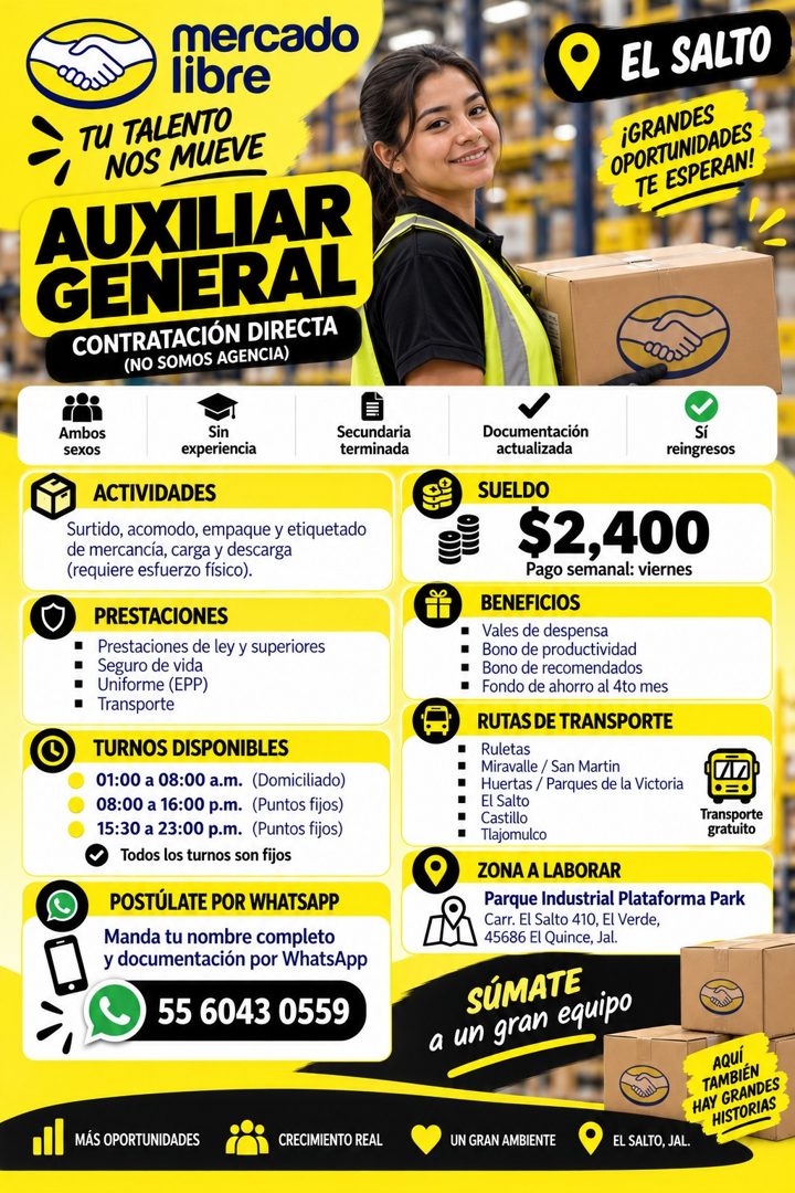 Banner del anuncio de la vacante: mercado · libre · TU TALENTO · NOS MUEVE · AUXILIAR · GENERAL · CONTRATACIÓN DIRECTA · (NO SOMOS AGENCIA) · Ambos · sexos · Sin · experienci