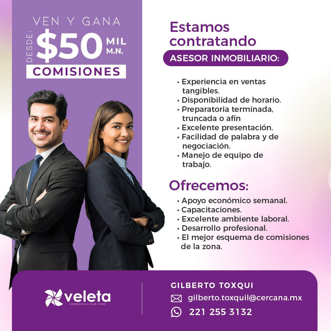 Banner del anuncio de la vacante: VEN Y GANA · DESDE · $50 · MIL · M.N. · COMISIONES · veleta · CONDOMINIO & CLUB LIVING · Estamos · contratando · ASESOR INMOBILIARIO: · • Ex