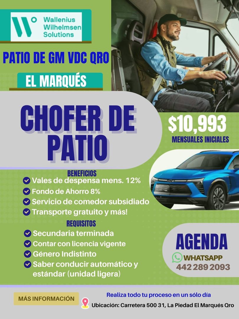 Banner del anuncio de la vacante: lo valenu · Wilhelmsen · Solutions · PATIO DE GM VDC QRO · EL MARQUÉS · CHOFER DE · PATIO · BENEFICIOS · Vales de despensa mens. 12% · Fondo