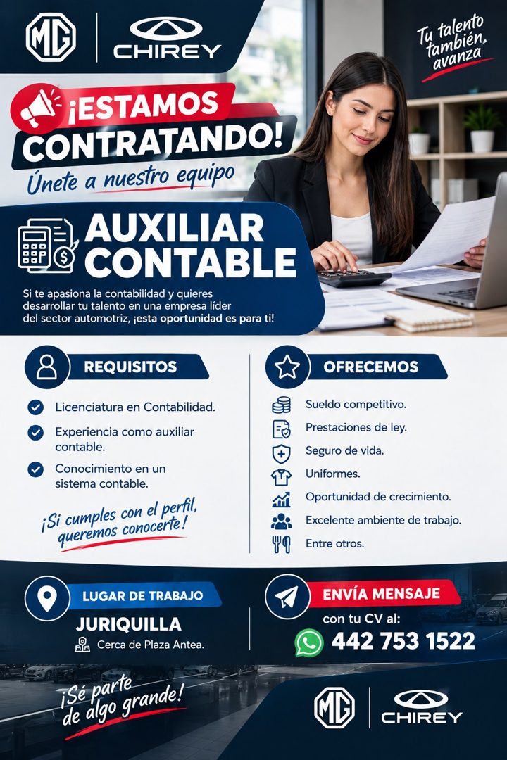 Banner del anuncio de la vacante: CHIREY · Tu talento · también, · avanza · ¡ESTAMOS · CONTRATANDO! · Únete a nuestro equipo · AUXILIAR · ERA CONTABLE · Si te apasiona la con