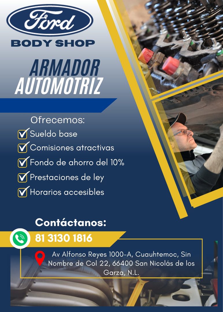 Banner del anuncio de la vacante: Ford · BODY SHOP · ARMADOR · AUTOMOTRIZ · Ofrecemos: · V Sueldo base · Comisiones atractivas · V Fondo de ahorro del 10% · V Prestaciones de