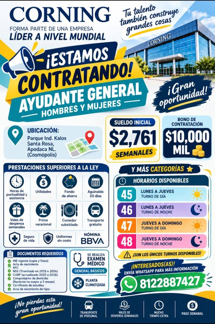 Banner del anuncio de la vacante: CORNING · FORMA PARTE DE UNA EMPRESA · LÍDER A NIVEL MUNDIAL · Tu talento · también construye · grandes cosas · CORNING · - ¡ESTAMOS · CONTR