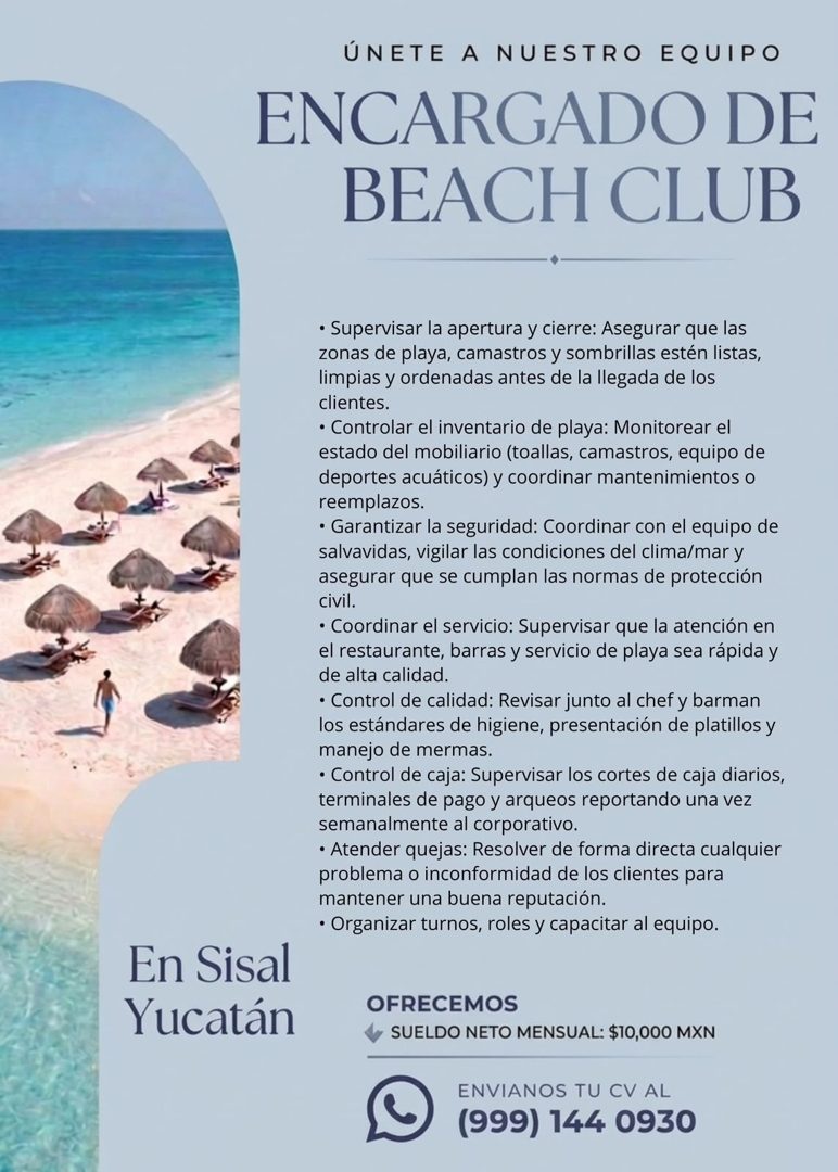 Banner del anuncio de la vacante: ÚNETE A NUESTRO EQUIPO · ENCARGADO DE · BEACH CLUB · • Supervisar la apertura y cierre: Asegurar que las · zonas de playa, camastros y sombr