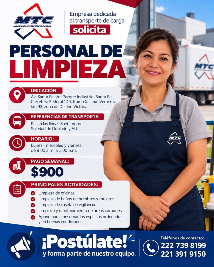 Banner del anuncio de la vacante: MTG · MOVIMIENTOS TERRESTRES DE CARGA · Empresa dedicada · al transporte de carga · solicita · PERSONAL DE · LIMPIEZA · UBICACIÓN: · Av. San
