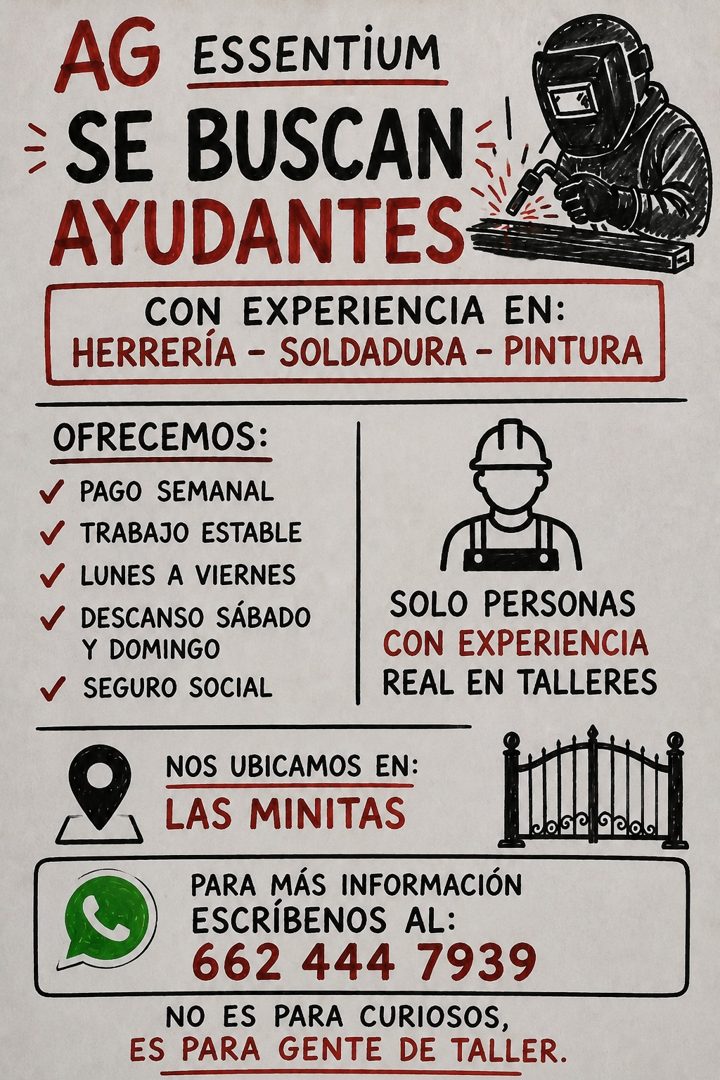 Banner del anuncio de la vacante: AG · ESSENTIUM · ÷ SE BUSCAN - · AYUDANTES · CON EXPERIENCIA EN: · HERRERÍA - SOLDADURA - PINTURA · OFRECEMOS: · PAGO SEMANAL · V TRABAJO ES