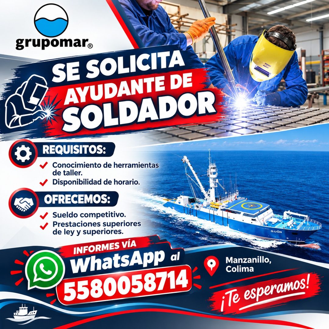 Banner del anuncio de la vacante: grupomar® · SE SOLICITA · AYUDANTE DE · SOLDADOR · REQUISITOS: · Conocimiento de herramientas · de taller. · Disponibilidad de horario. · OF