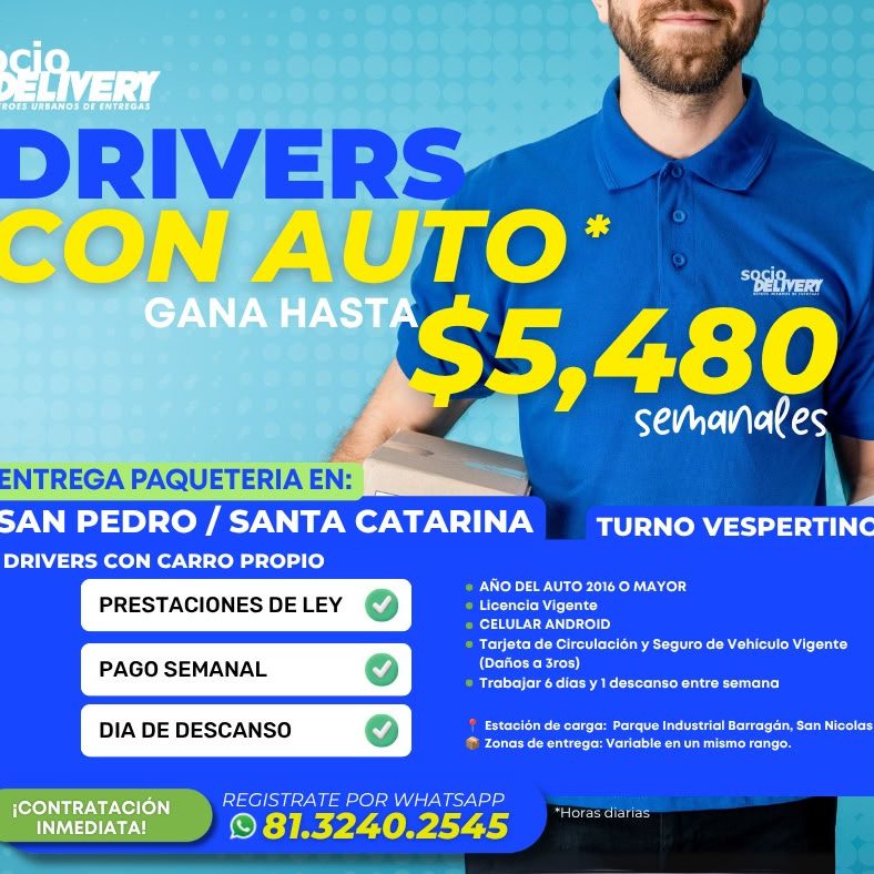 Banner del anuncio de la vacante: ROES ÚRBANOS DE ENTREGAS · DRIVERS · CON AUTO · GANA HASTA · SOLIVERT · 55,480 · semanales · ENTREGA PAQUETERIA EN: · SAN PEDRO / SANTA CATA