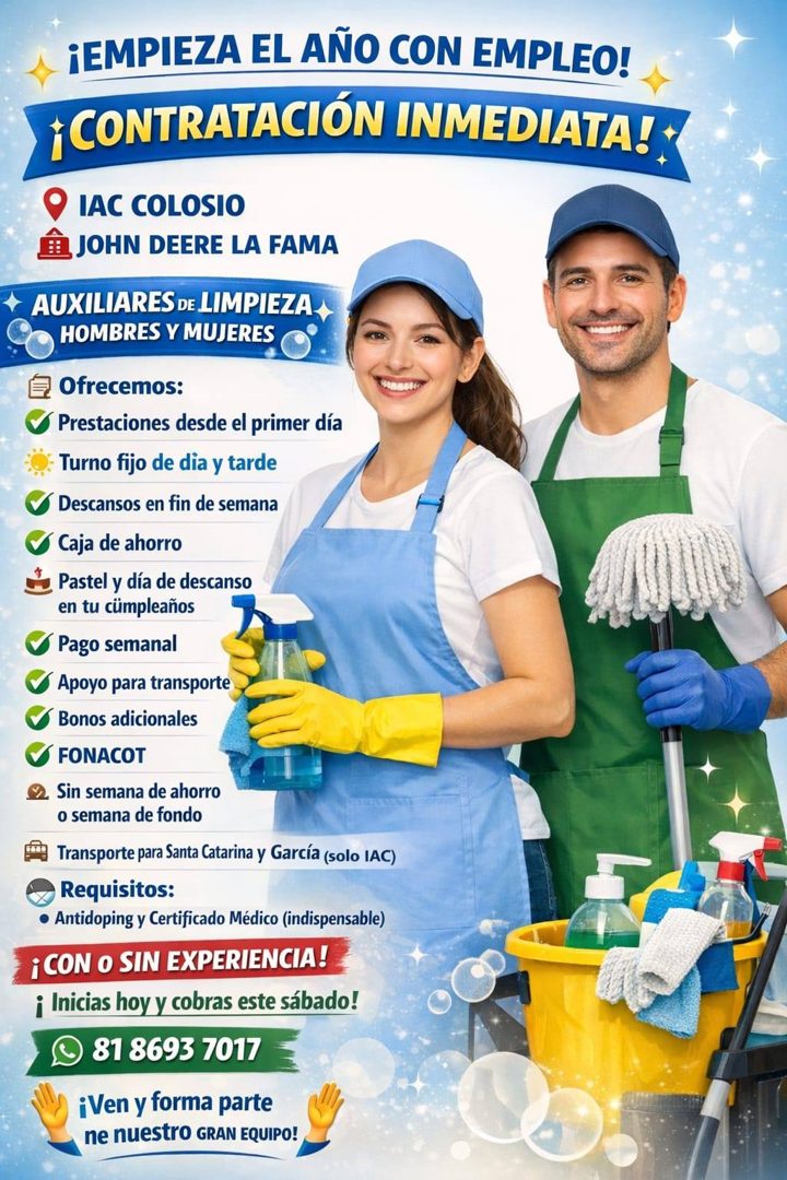 Banner del anuncio de la vacante: ¡EMPIEZA EL AÑO CON EMPLEO! · ¡CONTRATACIÓN INMEDIATA! · IAC COLOSIO · JOHN DEERE LA FAMA · AUXILIARES DE LIMPIEZA · HOMBRES Y MUJERES · Ofr