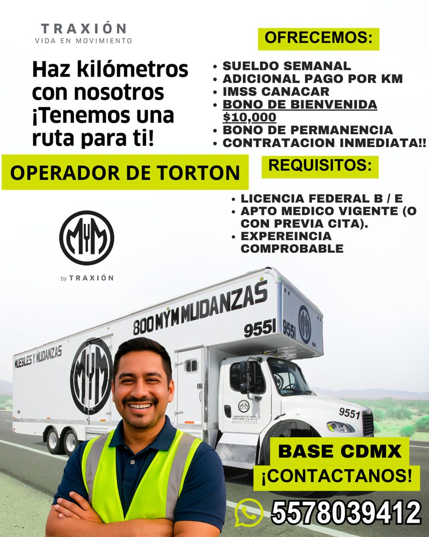 Banner del anuncio de la vacante: TRAXIÓN · VIDA EN MOVIMIENTO · OFRECEMOS: · Haz kilómetros · con nosotros · ¡Tenemos una · ruta para ti! · • SUELDO SEMANAL · • ADICIONAL PA