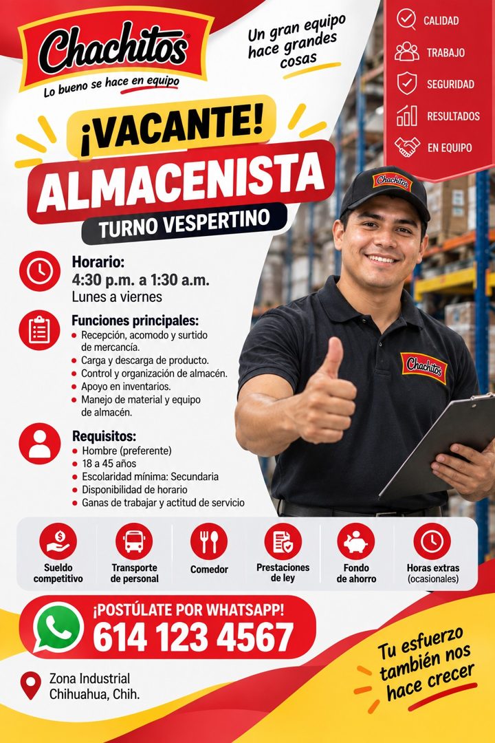 Banner del anuncio de la vacante: Chachitos · Lo bueno se hace en equipo · Un gran equipo · hace grandes · cosas · ¡VACANTE! · ALMACENISTA · TURNO VESPERTINO · Horario: · 4:3