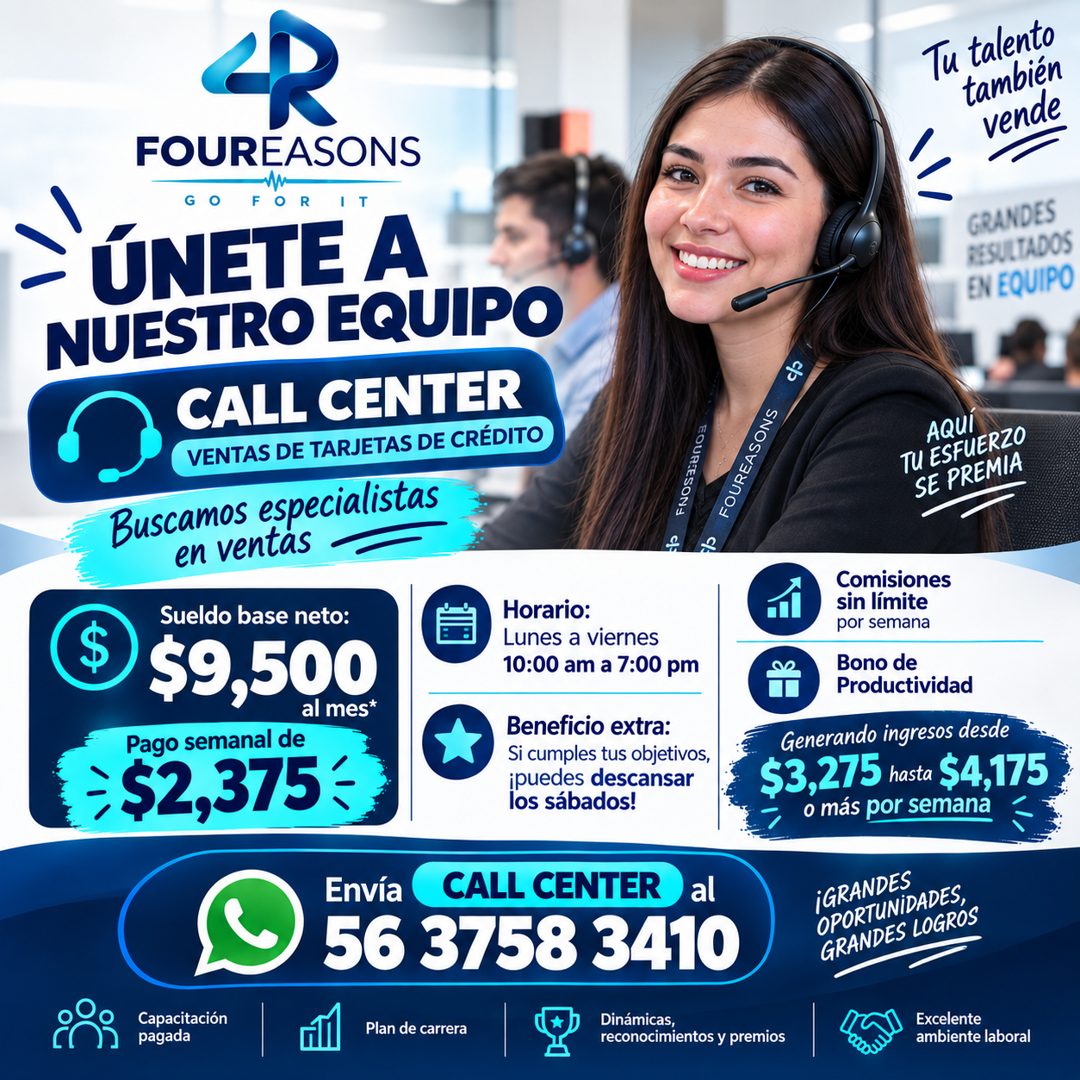 Banner del anuncio de la vacante: Tu talento · también · vende · FOUREASONS · GO FOR IT · ÚNETE A · NUESTRO EQUIPO · CALL CENTER · VENTAS DE TARJETAS DE CRÉDITO · Buscamos es
