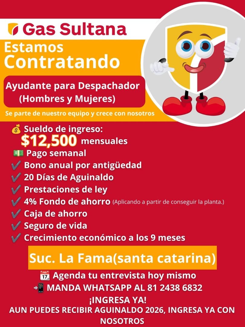 Banner del anuncio de la vacante: Gas Sultana · Estamos · Contratando · Ayudante para Despachador · (Hombres y Mujeres) · Se parte de nuestro equipo y crece con nosotros · Su
