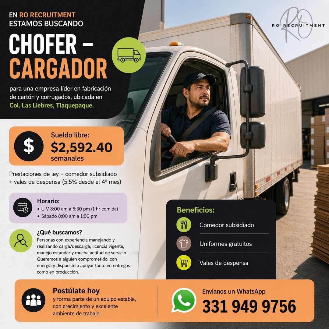Banner del anuncio de la vacante: EN RO RECRUITMENT · ESTAMOS BUSCANDO · CHOFER - · CARGADOR · para una empresa líder en fabricación · de cartón y corrugados, ubicada en · Co