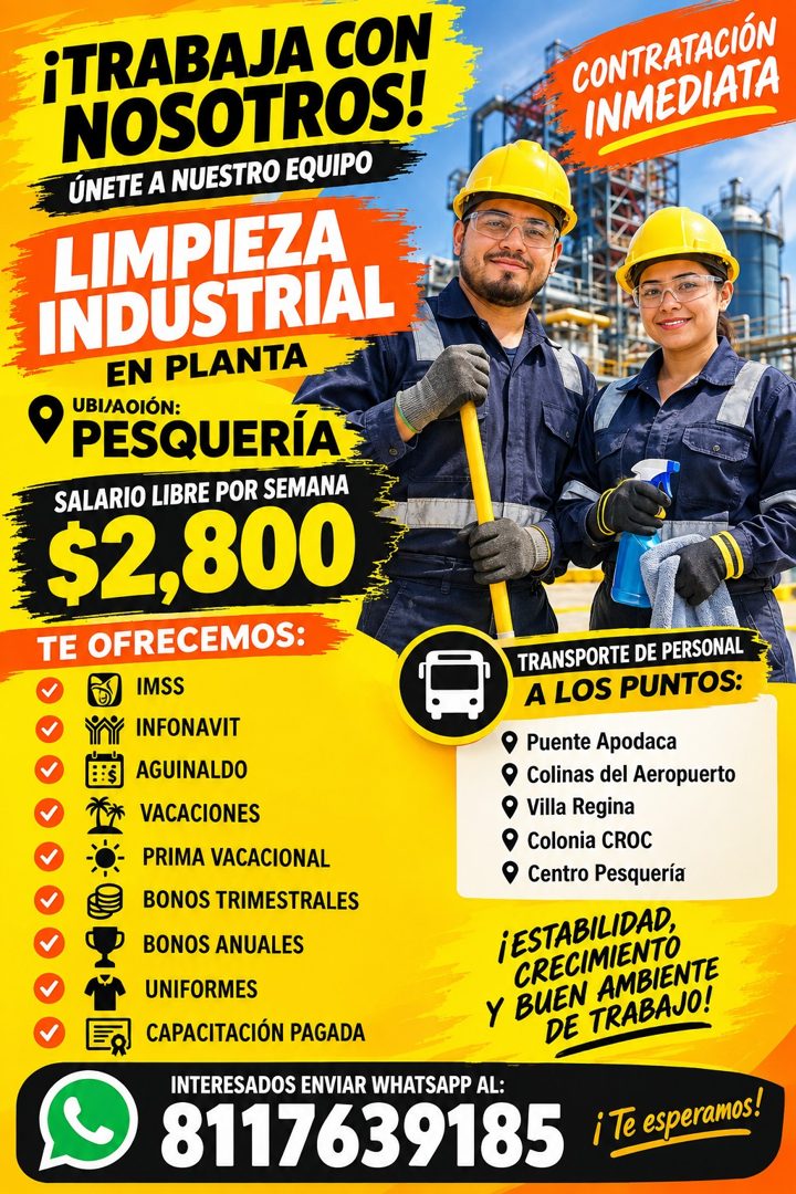 Banner del anuncio de la vacante: ¡TRABAJA CON · NOSOTROS! · ÚNETE A NUESTRO EQUIPO · LIMPIEZA · INDUSTRIAL · EN PLANTA · • UBI/AOIÓN: · PESQUERÍA · SALARIO LIBRE POR SEMANA 