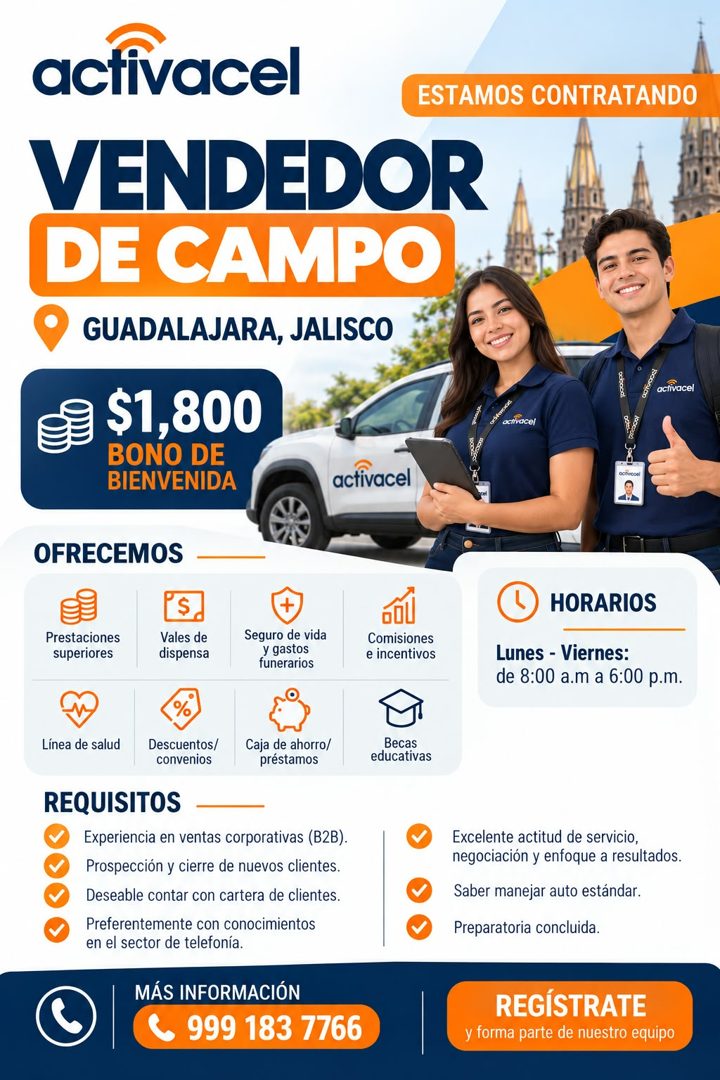 Banner del anuncio de la vacante: activacel · ESTAMOS CONTRATANDO · VENDEDOR · DE CAMPO · GUADALAJARA, JALISCO · $1,800 · BONO DE · BIENVENIDA · activacel · activacel · octiv