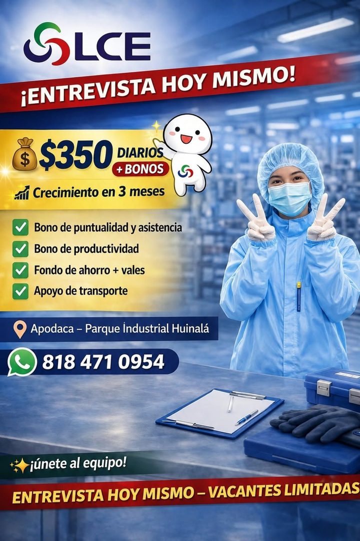 Banner del anuncio de la vacante: SLCE · ¡ENTREVISTA HOY MISMO! · $3500 DIARIOS · + BONOS · anì Crecimiento en 3 meses · Bono de puntualidad y asistencia · Bono de productivi