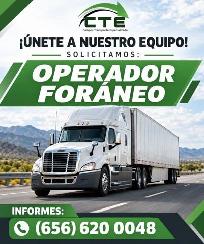 Banner del anuncio de la vacante: ETE · ¡ÚNETE A NUESTRO EQUIPO! · SOLICITAMOS: · OPERADOR · FORANEO · INFORMES: · (656) 620 0048