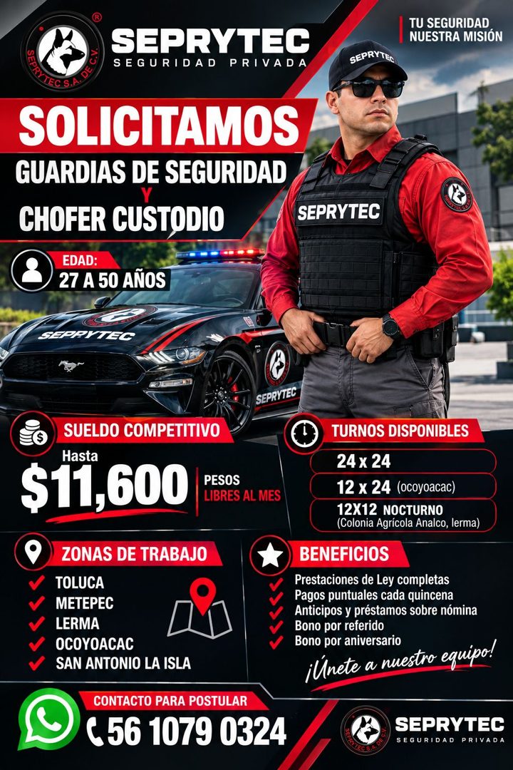 Banner del anuncio de la vacante: C.V. · SEPRYTEC · SEGURIDAD PRIVADA · TU SEGURIDAD · NUESTRA MISIÓN · SEPRYTEN · SOLICITAMOS · GUARDIAS DE SEGURIDAD · CHOFER CUSTODIO · EDA