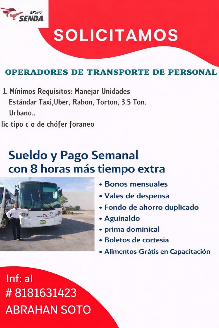 Banner del anuncio de la vacante: GRUPO · SENDA. · SOLICITAMOS · OPERADORES DE TRANSPORTE DE PERSONAL · 1. Mínimos Requisitos: Manejar Unidades · Estándar Taxi, Uber, Rabon, 