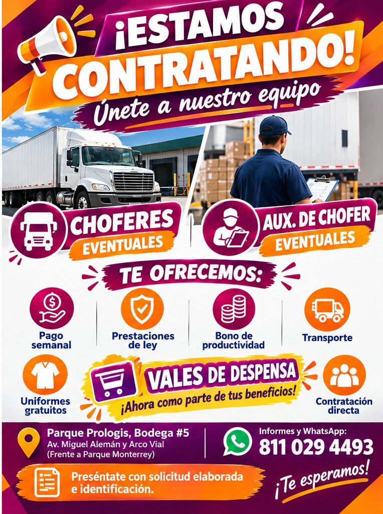 Banner del anuncio de la vacante: ¡ESTAMOS · CONTRATANDO! · Únete a nuestro equipo · CHOFERES · EVENTUALES · TE OFRECEMOS: · AUX. DE CHOFER · EVENTUALES · Pago · semanal · Pr