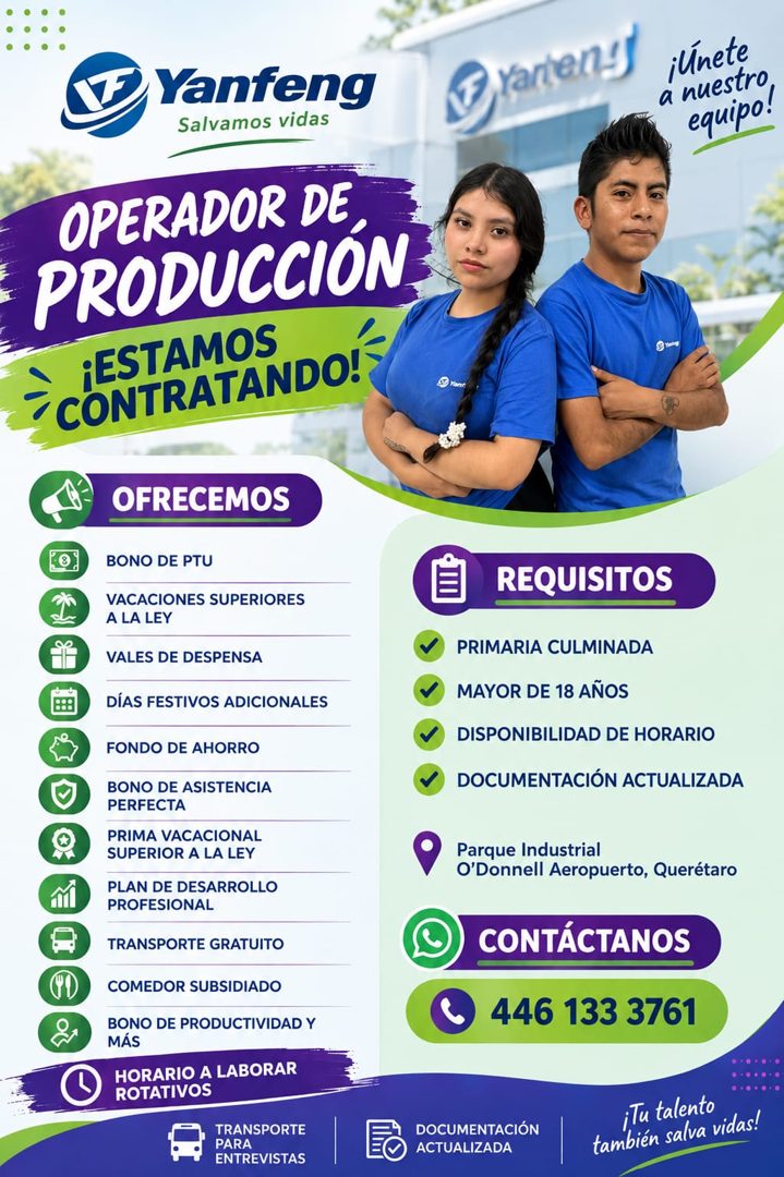 Banner del anuncio de la vacante: Yanfeng · Salvamos vidas · Prarieng · ¡Únete · a nuestro · equipo! · OPERADOR DE · PRODUCCIÓN · ¡ESTAMOS · ¿ CONTRATANDO! · OFRECEMOS · BONO
