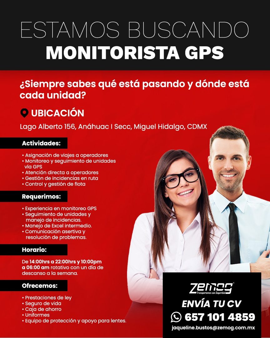 Banner del anuncio de la vacante: ESTAMOS BUSCANDO · MONITORISTA GPS · ¿Siempre sabes qué está pasando y dónde está · cada unidad? · UBICACIÓN · Lago Alberto 156, Anáhuac I S