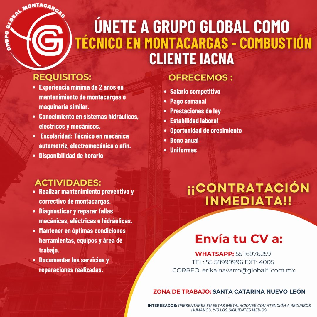 Banner del anuncio de la vacante: GRUPO · G · ÚNETE A GRUPO GLOBAL COMO · TÉCNICO EN MONTACARGAS - COMBUSTIÓN · CLIENTE IACNA · REQUISITOS: · • Experiencia mínima de 2 años e