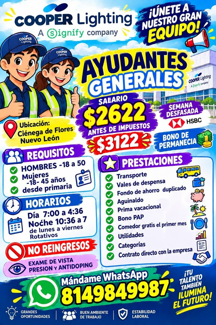 Banner del anuncio de la vacante: COOPER Lighting · COOPER · Lighting · • Signify company · - ¡UNETE A · NUESTRO GRAN · EQUIPO! · COOPER · Lighting · AYUDANTES · GENERALES · 