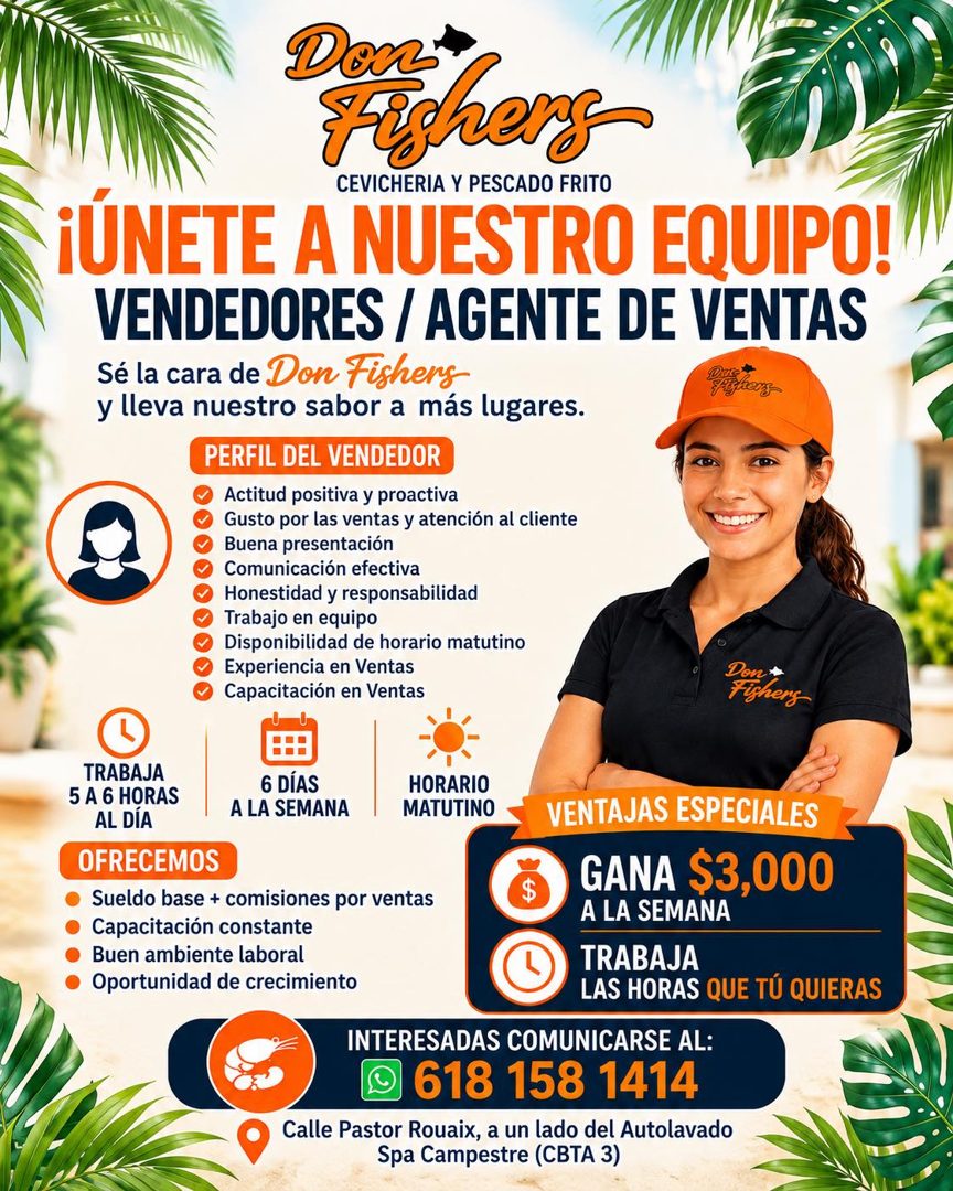 Banner del anuncio de la vacante: Den · Fishers · CEVICHERIA Y PESCADO FRITO · ¡ÚNETE A NUESTRO EQUIPO! · VENDEDORES / AGENTE DE VENTAS · Sé la cara de Don Fisheng · y lleva 