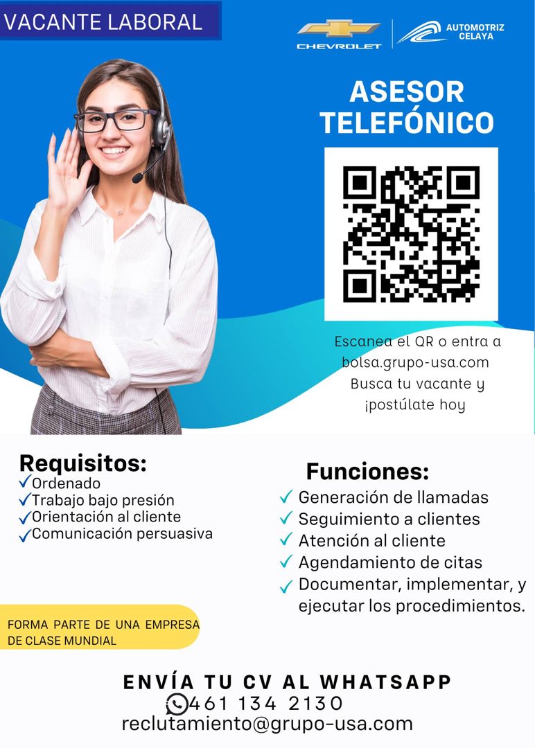 Banner del anuncio de la vacante: VACANTE LABORAL · AUTOMOTRIZ · CELAYA · CHEVROLET · ASESOR · TELEFÓNICO · Escanea el QR o entra a · bolsa.grupo-usa.com · Busca tu vacante y