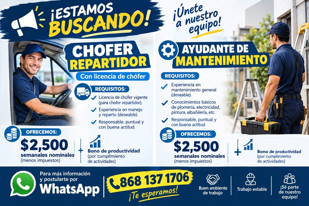 Banner del anuncio de la vacante: ¡ESTAMOS · BUSCANDO! · ¡Únete · a nuestro · equipo! · CHOFER · REPARTIDOR · Con licencia de chófer · REQUISITOS: · Licencia de chófer vigent