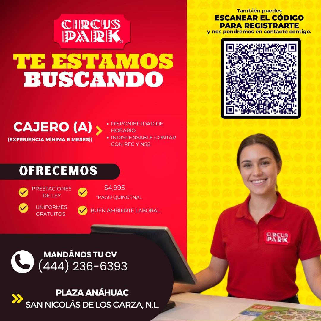 Banner del anuncio de la vacante: CIRCUS · PAIRK · TE ESTAMOS · BUSCANDO · También puedes · ESCANEAR EL CÓDIGO · PARA REGISTRARTE · y nos pondremos en contacto contigo. · CAJ
