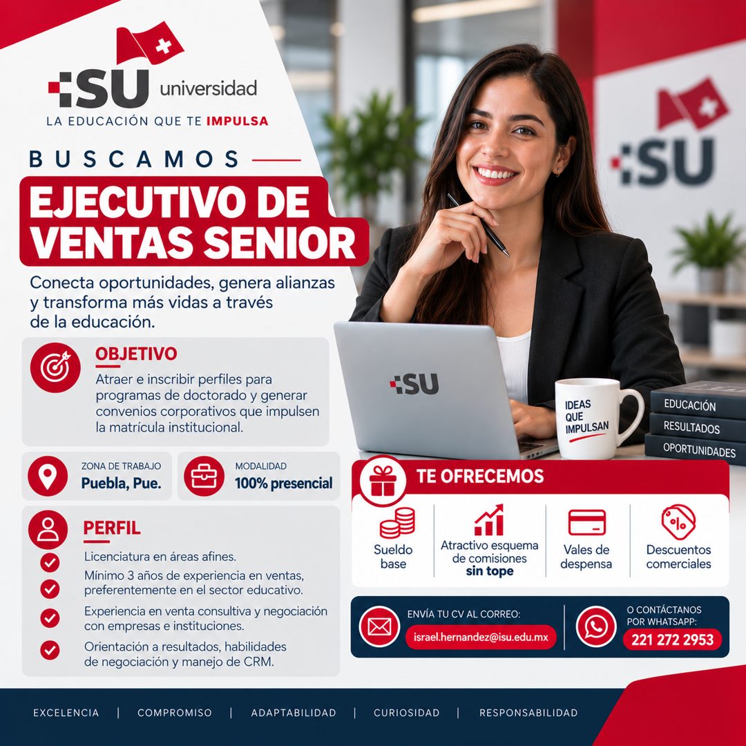 Banner del anuncio de la vacante: universidad · LA EDUCACIÓN QUE TE IMPULSA · BUSCAMOS · EJECUTIVO DE · VENTAS SENIOR · Conecta oportunidades, genera alianzas · y transforma 