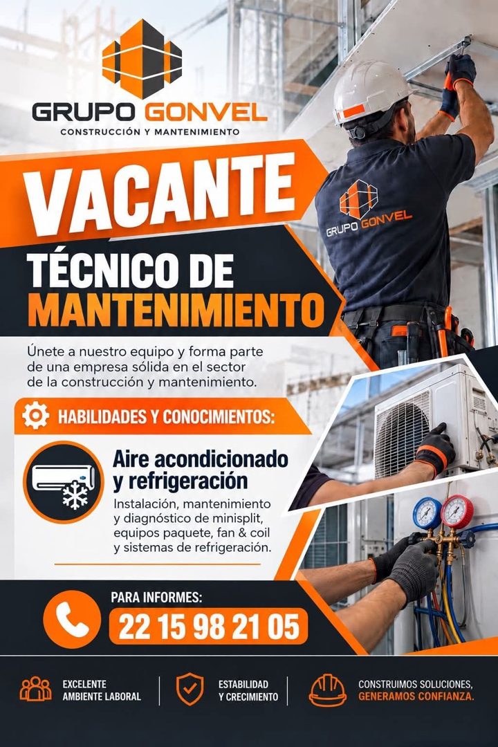 Banner del anuncio de la vacante: GRUPO · GONVEL · CONSTRUCCIÓN Y MANTENIMIENTO · VACANTE · TÉCNICO DE · MANTENIMIENTO · Únete a nuestro equipo y forma parte · de una empresa