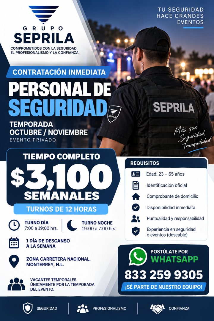Banner del anuncio de la vacante: TU SEGURIDAD · HACE GRANDES · EVENTOS · GRUPO · SEPRILA · COMPROMETIDOS CON LA SEGURIDAD, · EL PROFESIONALISMO Y LA CONFIANZA. · CONTRATACIÓ