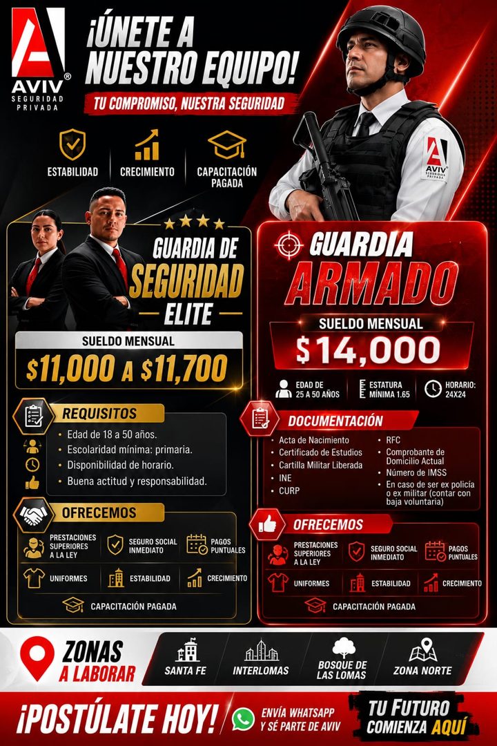 Banner del anuncio de la vacante: ¡ÚNETE A · AVIVO NUESTRO EQUIPO! · SEGURIDAD · PRIVADA · TU COMPROMISO, NUESTRA SEGURIDAD · ESTABILIDAD · CRECIMIENTO · CAPACITACIÓN · PAGAD