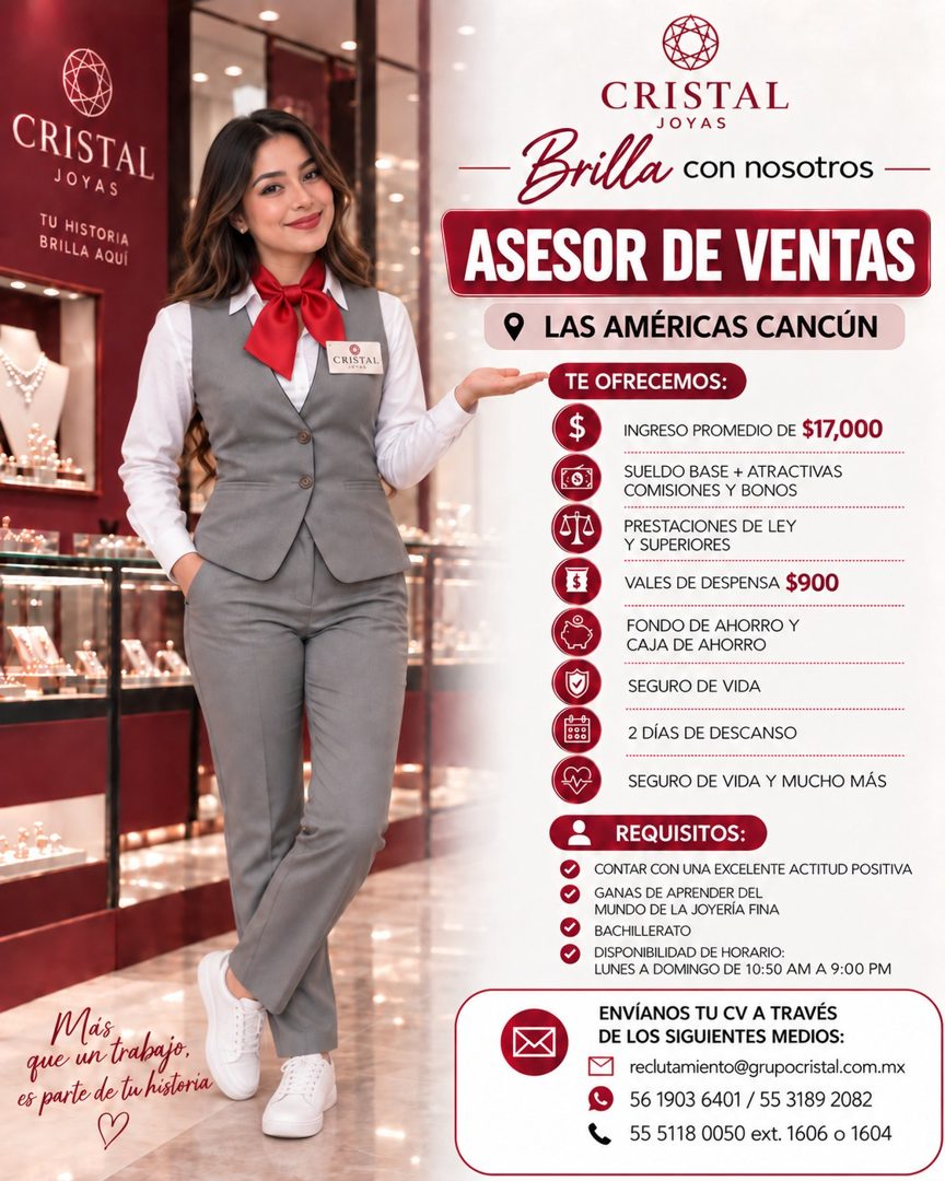 Banner del anuncio de la vacante: CRISTAL · JOYAS · TU HISTORIA · BRILLA AQUÍ · Más · que un trabajo, · es parte de tu historia · CRISTAL · CRISTAL · JOYAS · - Brilla con nos