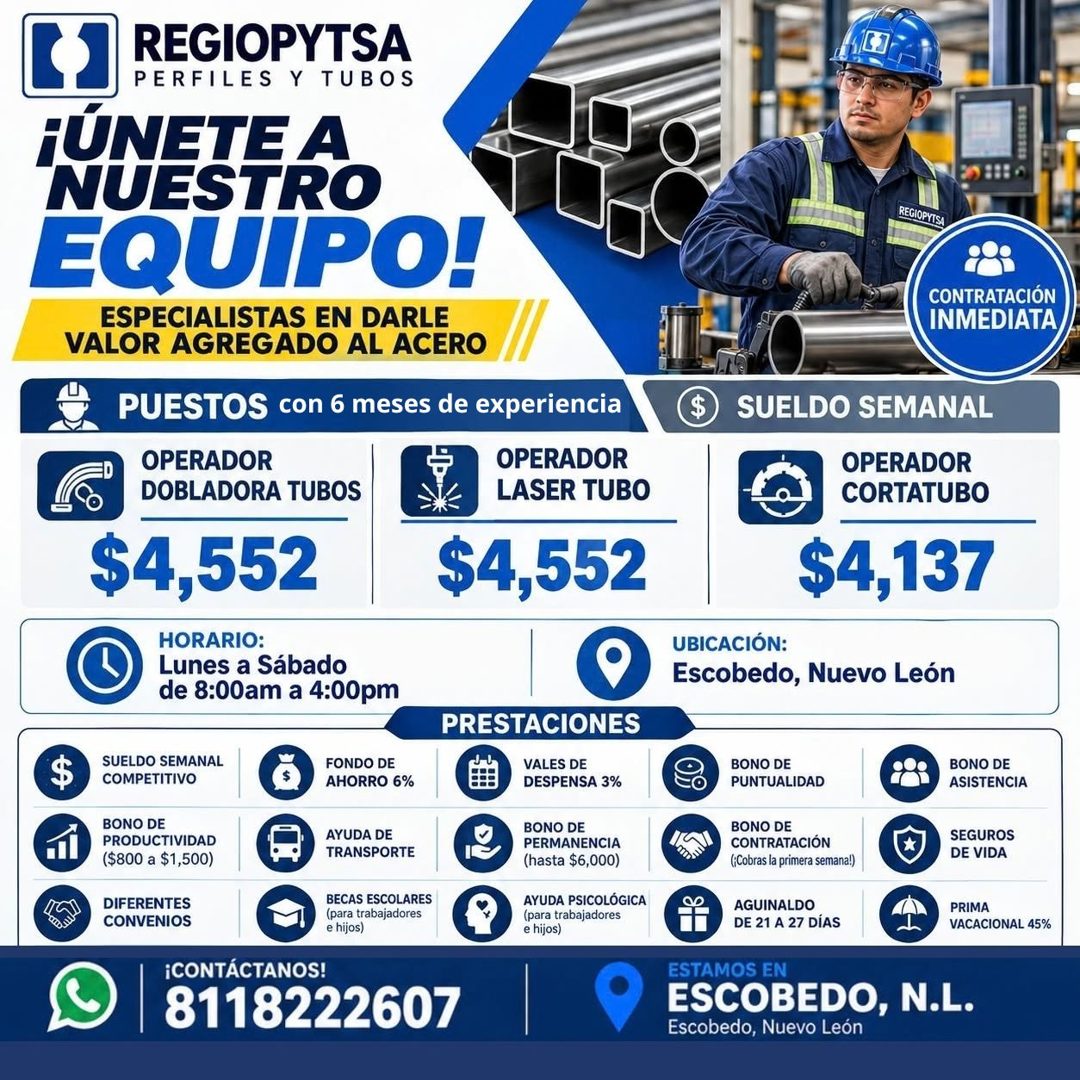 Banner del anuncio de la vacante: REGIOPYTSA · PERFILES Y TUBOS · ¡ÚNETE A · NUESTRO · EQUIPO! · ESPECIALISTAS EN DARLE · VALOR AGREGADO AL ACERO · PUESTOS con 6 meses de exp