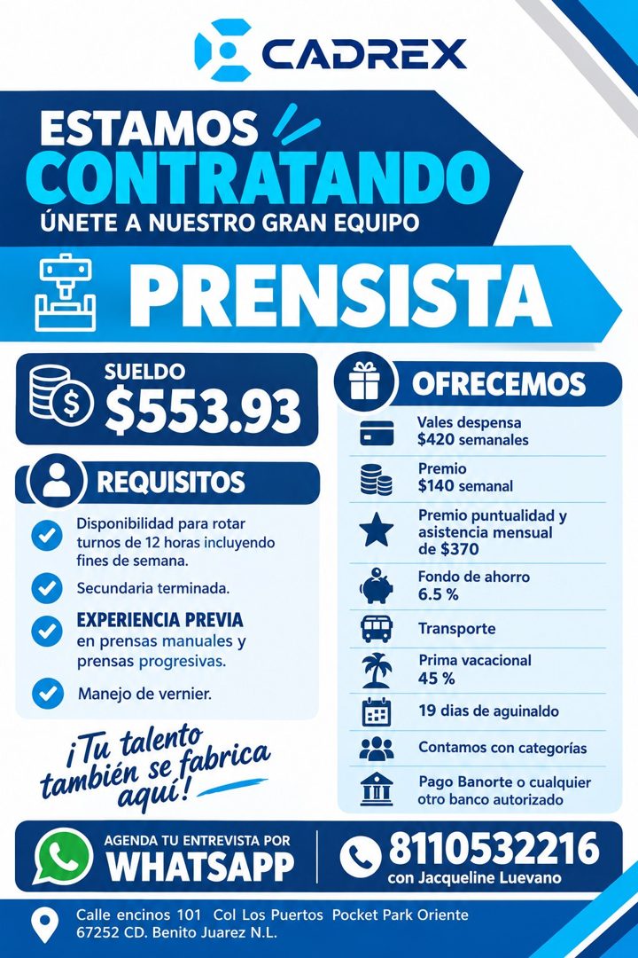 Banner del anuncio de la vacante: CADREX · ESTAMOS · CONTRATANDO · ÚNETE A NUESTRO GRAN EQUIPO · PRENSISTA · SUELDO · $553.93 · OFRECEMOS · REQUISITOS · Vales despensa · $420