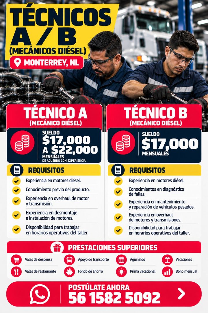 Banner del anuncio de la vacante: TÉCNICOS · A/B · (MECÁNICOS DIÉSEL) · MONTERREY, NL · TÉCNICO A · (MECÁNICO DIÉSEL) · SUELDO · $17,000 · A $22,000 · MENSUALES · DE ACUERDO 