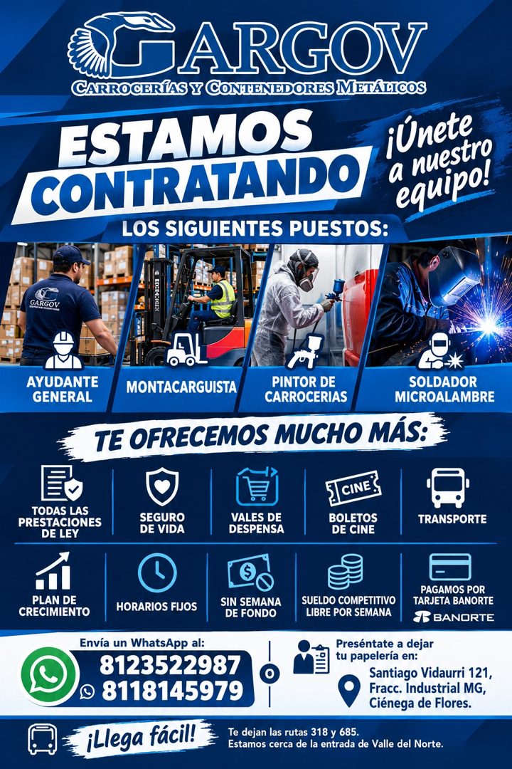 Banner del anuncio de la vacante: TARGOV · CARROCERÍAS Y CONTENEDORES METÁLICOS · ESTAMOS · ¡Únete · CONTRATANDO · a nuestro · equipo! · LOS SIGUIENTES PUESTOS: · GARGOV · AY