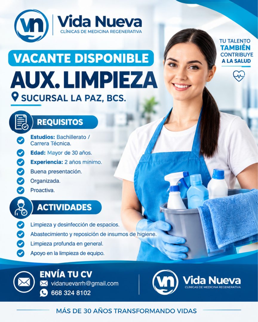 Banner del anuncio de la vacante: vn · Vida Nueva · CLINICAS DE MEDICINA REGENERATIVA · TU TALENTO · TAMBIÉN · CONTRIBUYE · A LA SALUD · VACANTE DISPONIBLE · AUX. LIMPIEZA · 