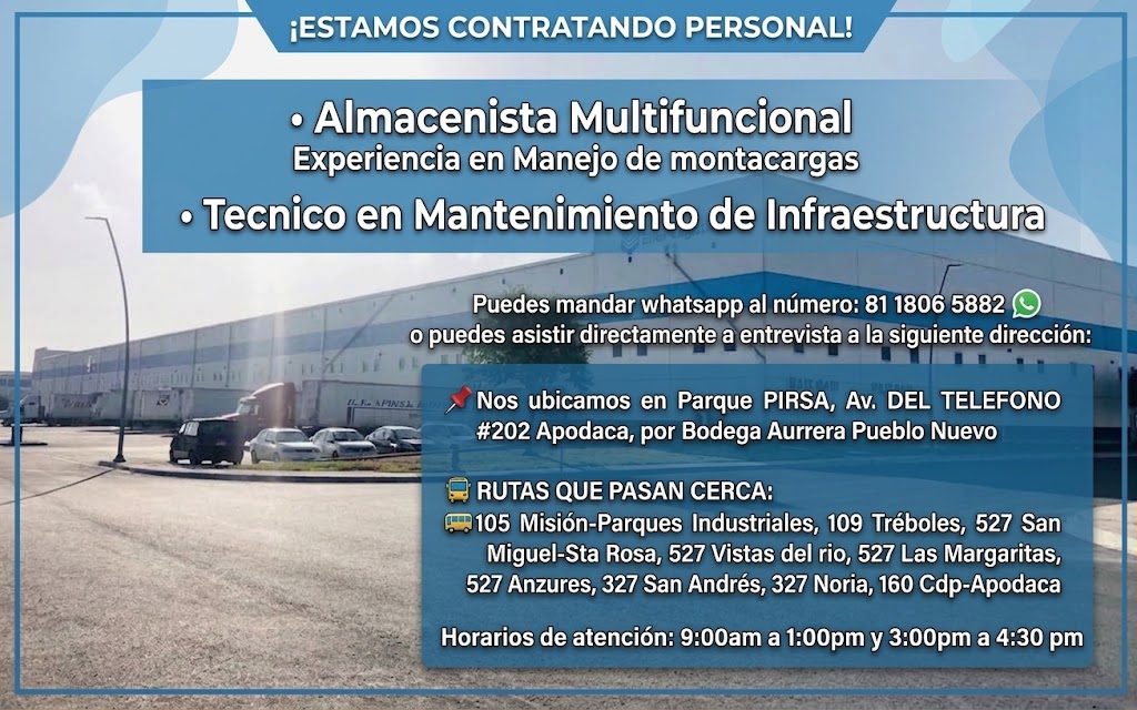 Banner del anuncio de la vacante: ¡ESTAMOS CONTRATANDO PERSONAL! · • Almacenista Multifuncional · Experiencia en Manejo de montacargas · • Tecnico en Mantenimiento de Infraes