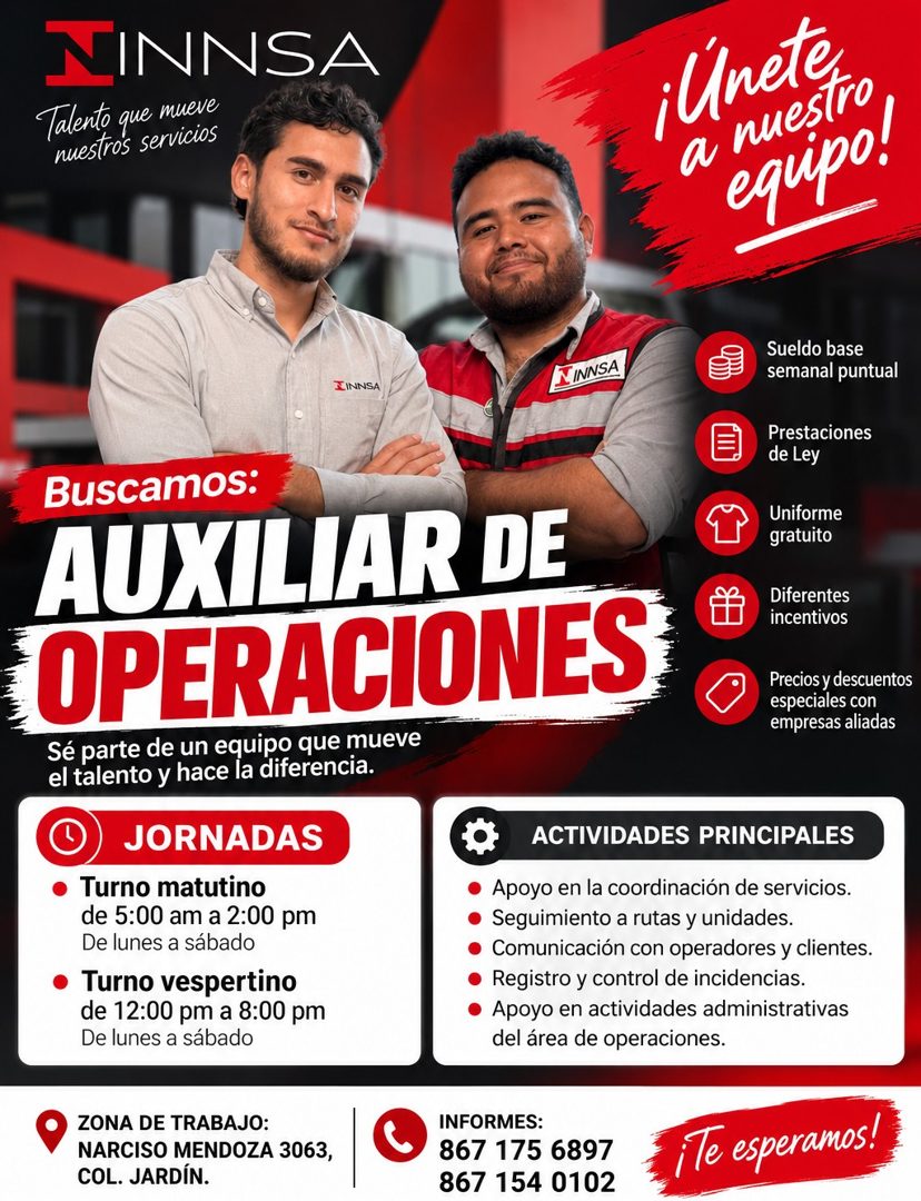 Banner del anuncio de la vacante: NINNSA · Talento que mueve · nuestros servicios · Únete · a nuestro · equio! · MINNSA · NINNSA · Buscamos. · AUXILIAR DE · OPERACIONES · Se 