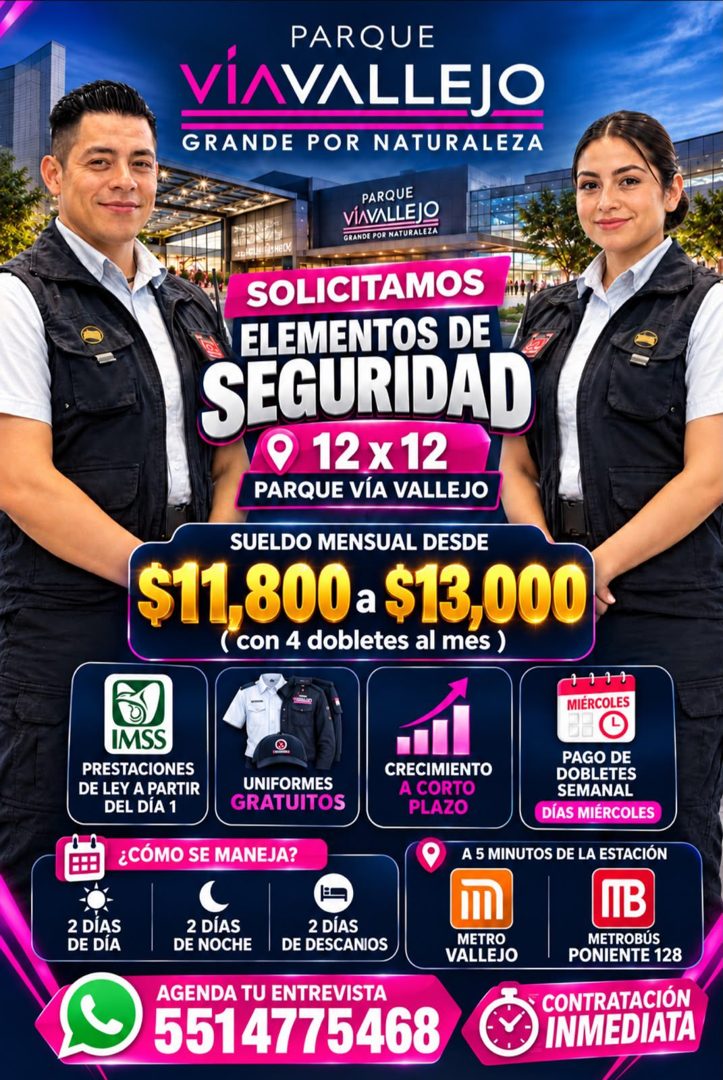 Banner del anuncio de la vacante: PARQUE · VÍAVALLEJO · GRANDE POR NATURALEZA · PARQUE · VÍAVALLEJO · GRANDE POR NATURALEZA · SOLICITAMOS · ELEMENTOS DE · SEGURIDAD · 9 12 x 
