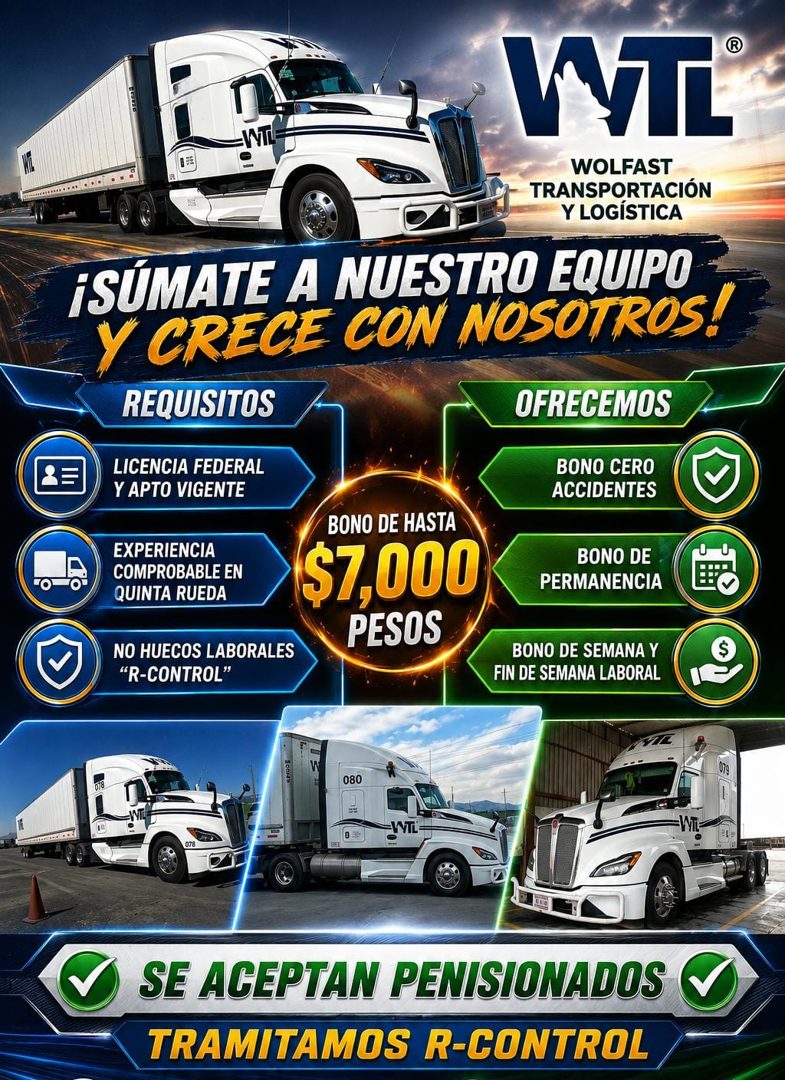 Banner del anuncio de la vacante: Vit · AT® · WOLFAST · TRANSPORTACIÓN · Y LOGÍSTICA · ¡SUMATE A NUESTRO EQUIPO · Y CRECE CON NOSOTROS! · REQUISITOS · OFRECEMOS · LICENCIA FE