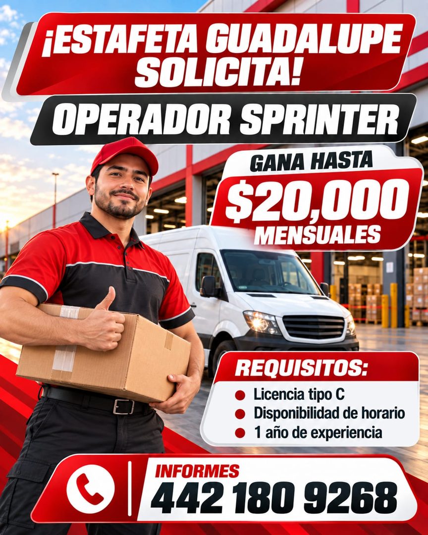 Banner del anuncio de la vacante: ¡ESTAFETA GUADALUPE · SOLICITA! · OPERADOR SPRINTER · GANA HASTA · $20.000 · MENSUALES · REQUISITOS: · Licencia tipo C · Disponibilidad de h