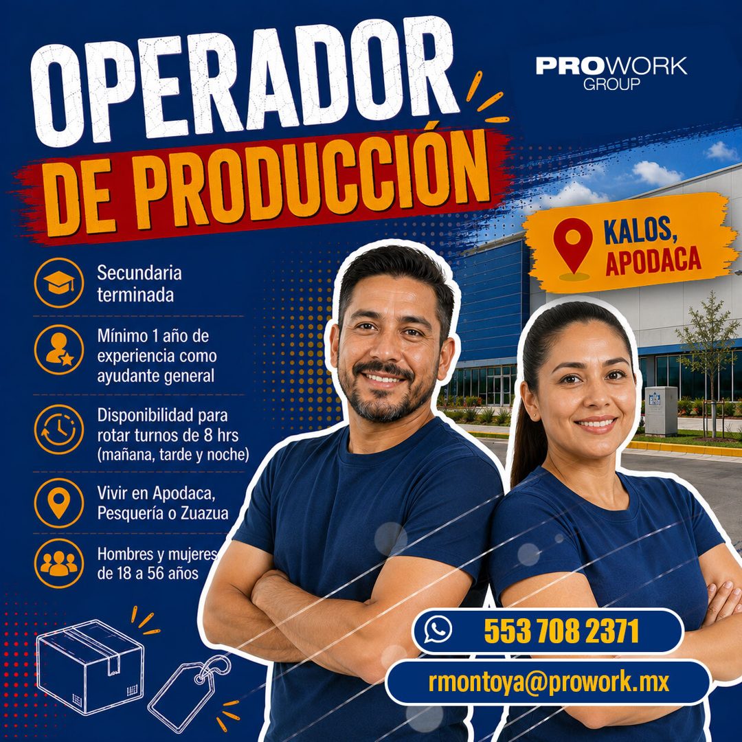 Banner del anuncio de la vacante: OPERADOR · DE PRODUCCION · Secundaria · terminada · Mínimo 1 año de · experiencia como · ayudante general · Disponibilidad para · rotar turn