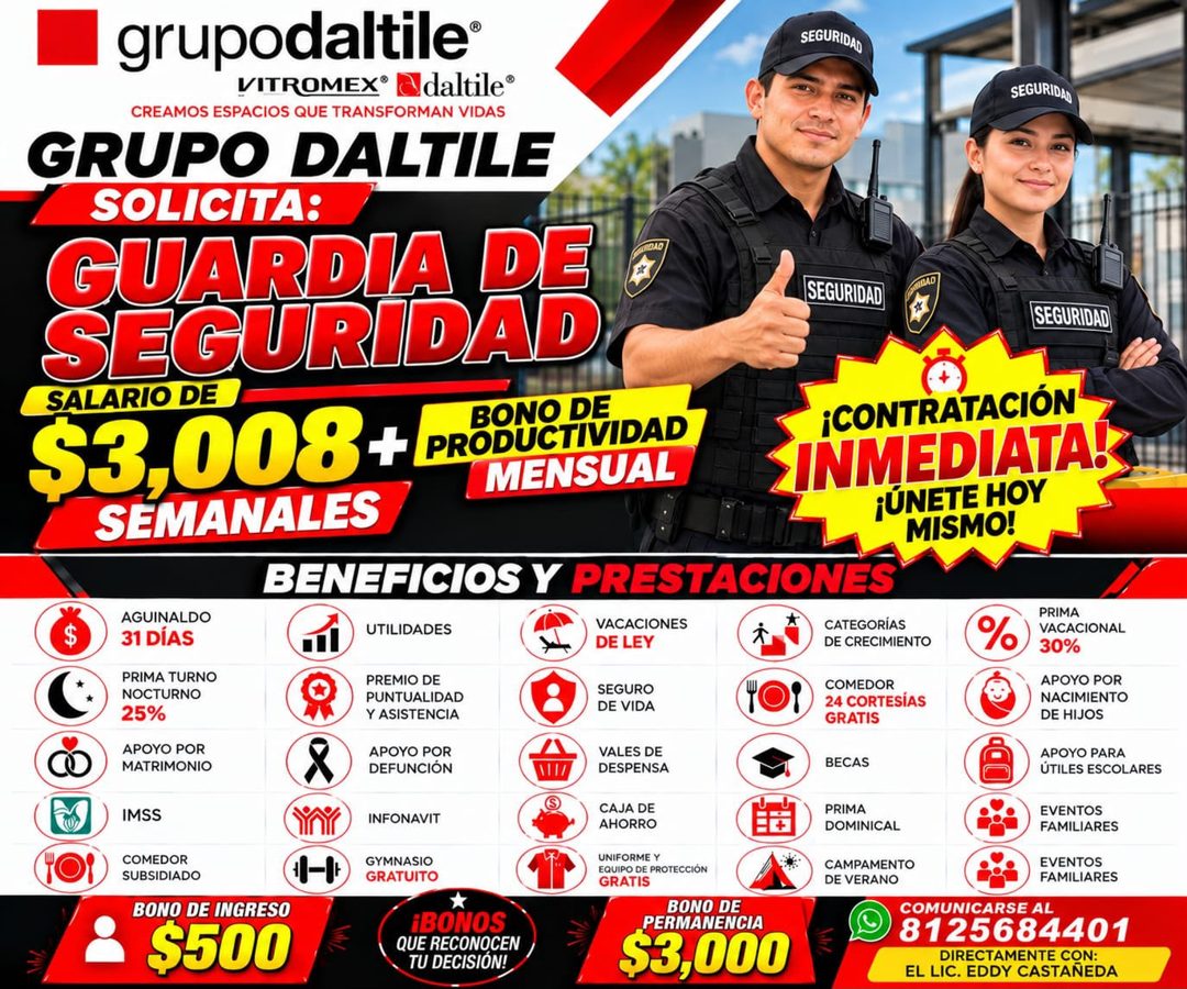 Banner del anuncio de la vacante: • grupodaltile® · VITROMEX® ! · adaltile® · CREAMOS ESPACIOS QUE TRANSFORMAN VIDAS · GRUPO DALTILE · SOLICITA: · GUARDIA DE · IDAO · SEGURID